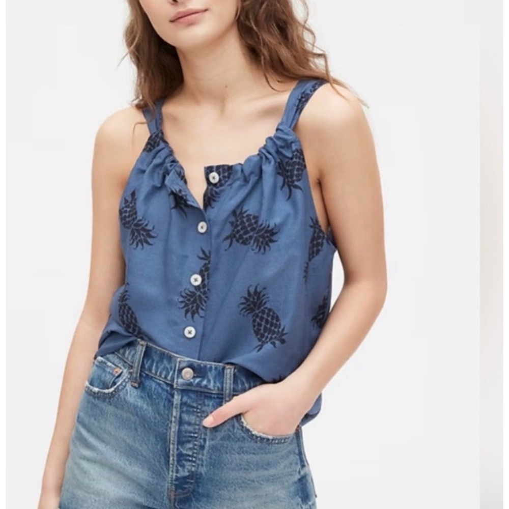 Gap Womens Blue Pineapple Print Linen Blend Button Front Tank Top Size M Coastal
